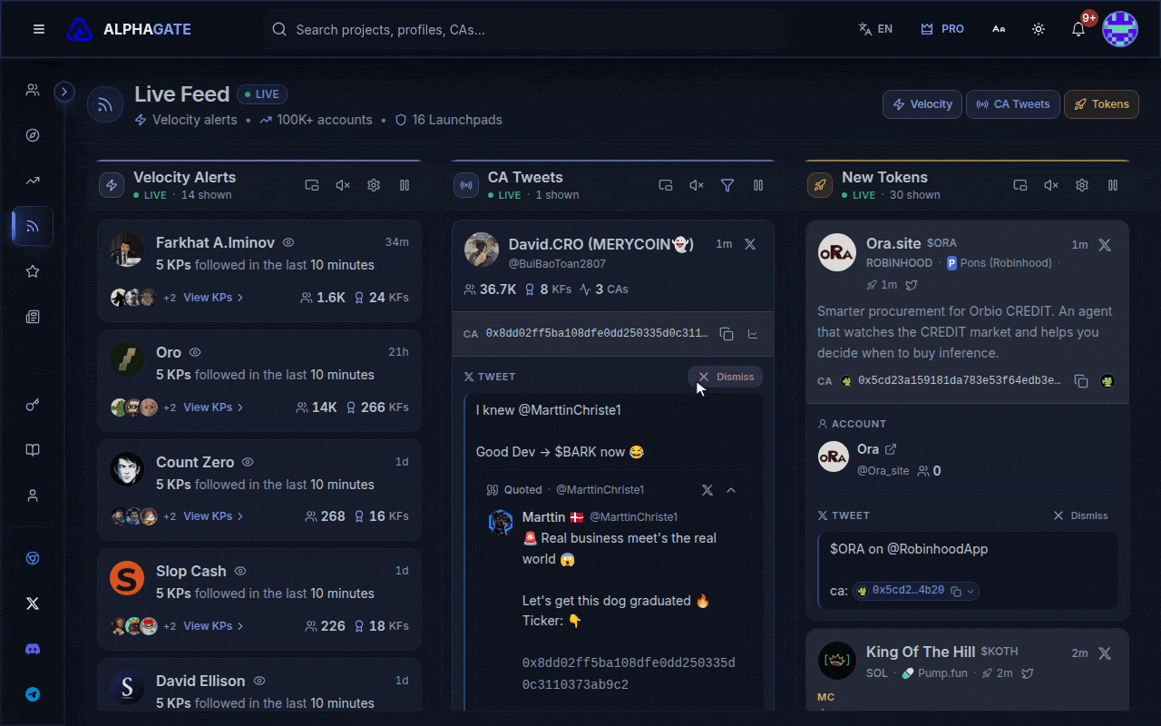 The Live Feed's three columns updating, hiding and showing the New Tokens column, and scrolling